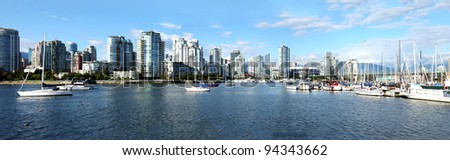 A panoramic view of south Vancouver BC skyline & sailboats in False creek, Canada.