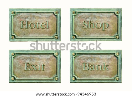 Metal plate with frame and grunge texture for your design. Blank antique weathered plaque with metal surface, isolated on white background. Design elements for cover: hotel, exit, shop and bank.