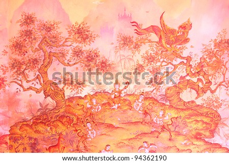 Traditional thai style painting image on the wall, Temple Thailand