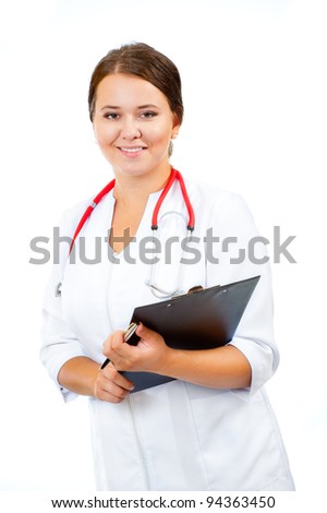 Young medical smiling woman doctor carrying medical files