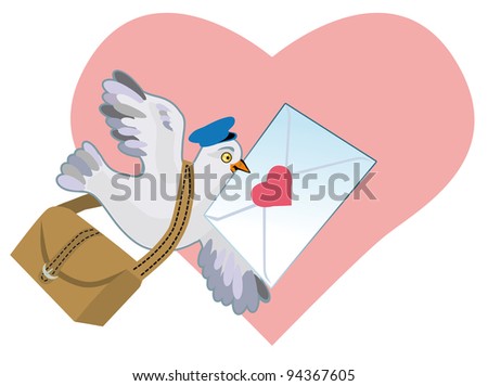A grey carrier pigeon hurries with a love letter on a background a heart