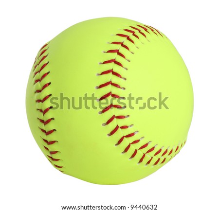 softball, yellow with red stitching, full picture