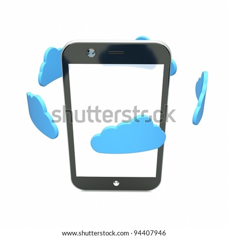 a single cellphone with blue clouds on white