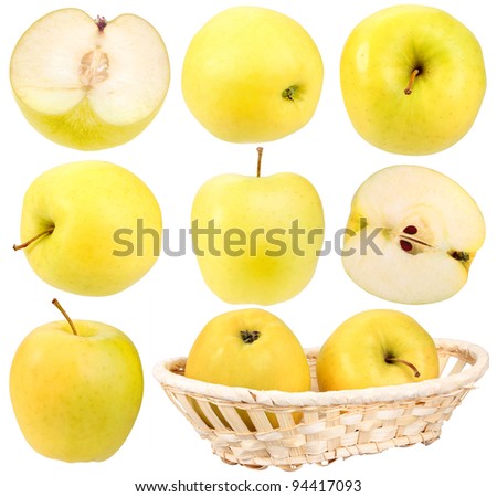 Abstract set of fresh yellow apples for your design. Close-up. Isolated on white background. Studio photography.