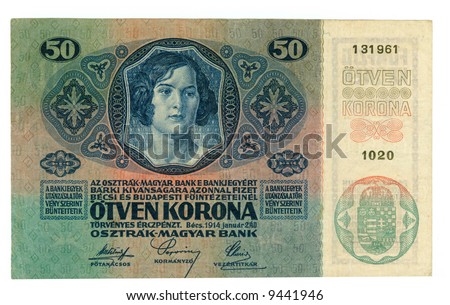  Hungarian banknote at 50 krones, 1914 year; close-up