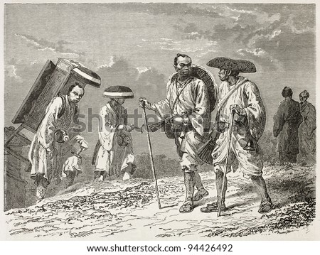 Japanese civilian, colporters and pilgrims old illustration. Created by Neuville after Japanese sketches of unknown author, published on Le Tour du Monde, Paris, 1867