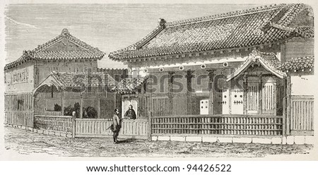 Satsuma palace old view, Japan. Created by Therond after watercolor of Roussin, published on Le Tour du Monde, Paris, 1867