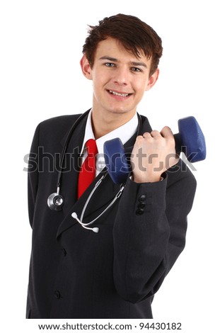 Doctor with a dumbell, isolated on white