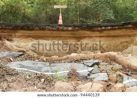 Layer of broken asphalt road by landslide