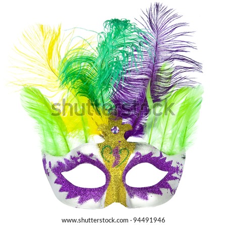 Colorful Mardi Gras mask with feathers isolated on white