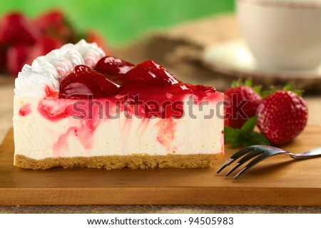 Fresh strawberry cheesecake (Selective Focus, Focus on the front upper edge of the cake) Royalty-Free Stock Photo #94505983
