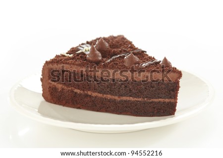 chocolate cake slice on white plate