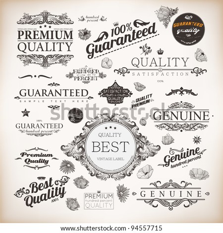vector set: calligraphic design elements and page decoration, Premium Quality and Satisfaction Guarantee Label collection with black grungy design
