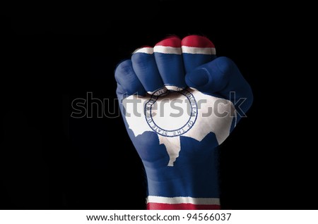 Low key picture of a fist painted in colors of american state flag of wyoming