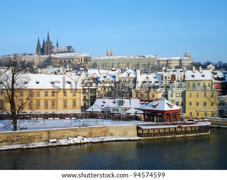 View of Prague Castle from Charles Bridge in winter