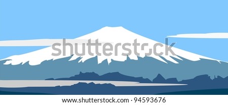 Illustration - Fujiyama - symbol of Japan.  Panorama: mountain landscape on background of sky and clouds