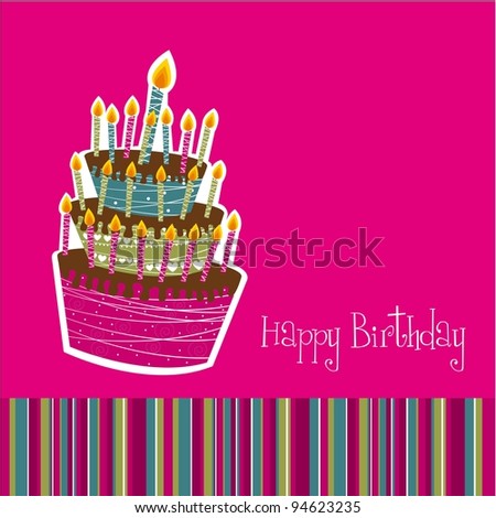 happy birthday card  with cake over pink background. vector