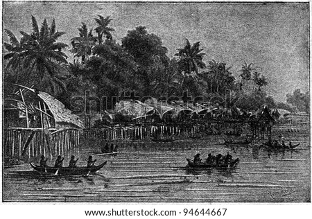 Papuan village on stilts, Papua New Guinea - an illustration from the book "Starting course of Geography", Moscow, 1926