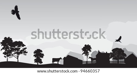 grey landscape with trees and village