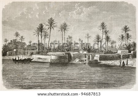 Baghdad surroundings along Tigris river. Created by De Bar after photo of unknown author, published on Le Tour du Monde, Paris, 1867