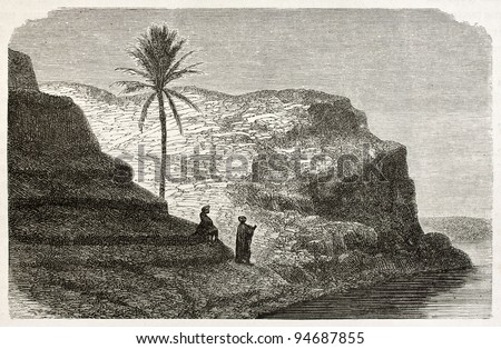 Tikrit old view, along Tigris river, Babylonia. Created by De Bar after Lejean, published on Le Tour du Monde, Paris, 1867