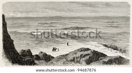 Hindia lake old view, Babylonia. Created by De Bar after Lejean, published on Le Tour du Monde, Paris, 1867
