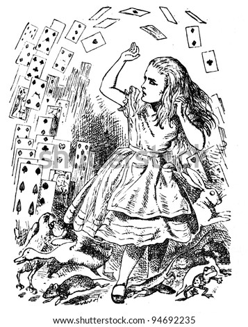 Alice and a deck of cards. Engraving by John Tenniel (United Kingdom, 1872). Illustration from book ""Alice's Adventures in Wonderland", publisher "Nauka" Moscow, USSR, 1979