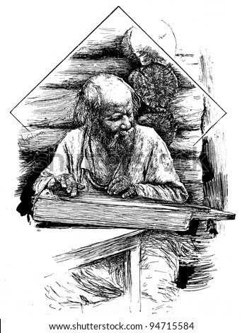 an old blind man - Karelians, who plays the harp, Olonets province - an illustration from antique book "Russia, the full geographical description", Moscow, Russia, 1900