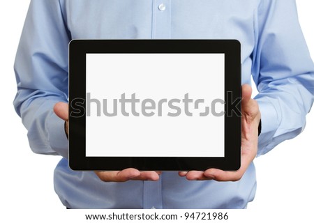 Man holding blank digital tablet with clipping path for the screen