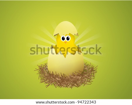 Illustration of a chicken in a nest on green background