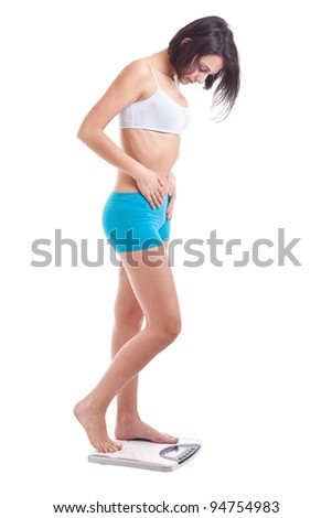 Weight loss woman on scale, isolated on white
