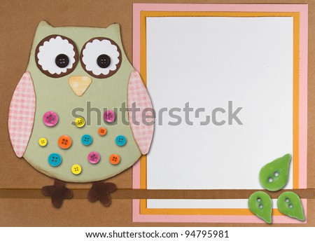 An Owl sitting on a branch with buttons, on a paper background with room for copy space.