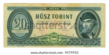 Green, shabby Hungarian banknote at 20 forints, 1980 year; close-up