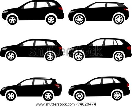 Set of modern off-road, sport utility vehicles silhouettes. Layered vector illustration. One of the similar in series of car silhouettes