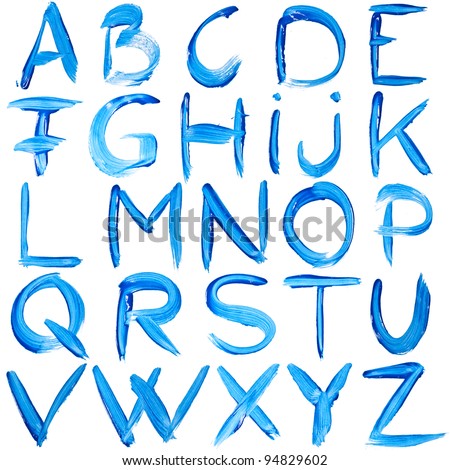 Blue hand-written alphabet isolated over white background