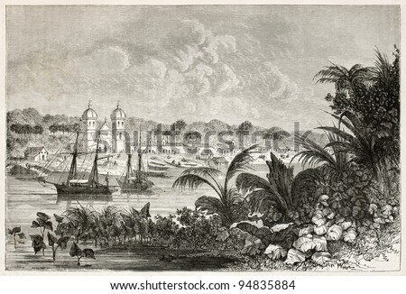 Igarape-Miri old view, Brazil. Created by Riou, published on Le Tour du Monde, Paris, 1867