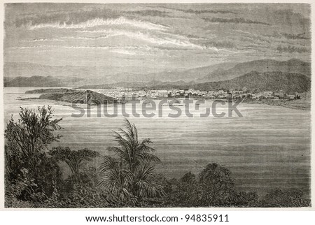 Numea old view, New Caledonia. Created by Moynet after photo of unknown author, published on Le Tour du Monde, Paris, 1867
