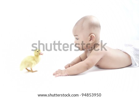 Baby boy playing with baby duckling.