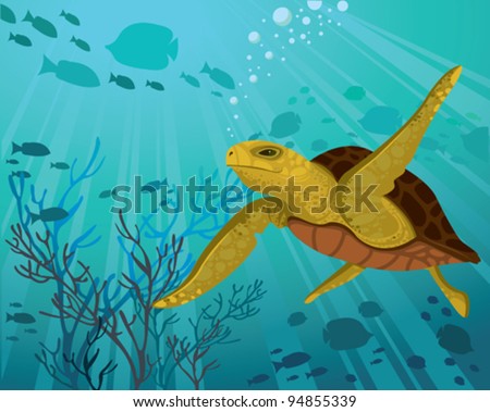 Turtle on a silhouettes of fish and sun rays in a sea