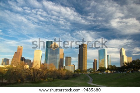 Downtown skyline with turbulent sky