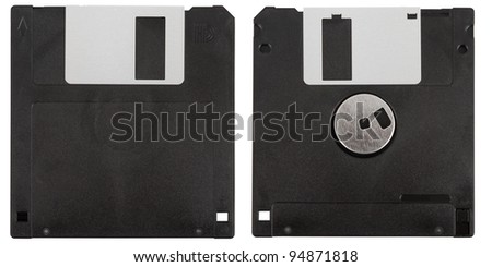 Front and back of a black floppy disk over a white background