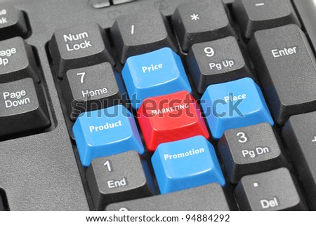 four elements of marketing plan on blue, red and black keyboard