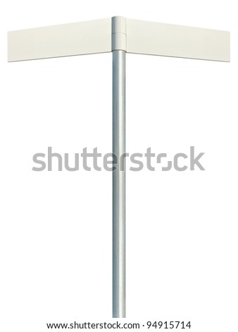 Direction road signs, two empty blank signpost signages, isolated directional roadside guidepost pointer white copy space, light grey pole post