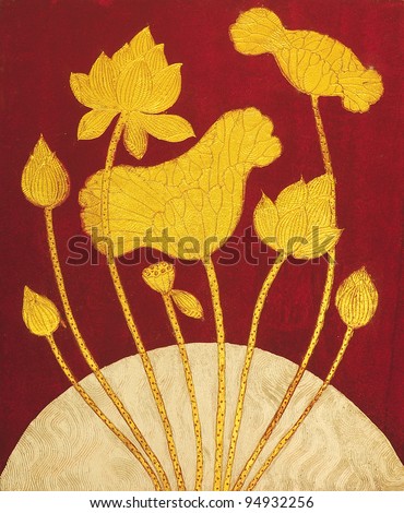 Thai style painted gold lotus on the temple wall