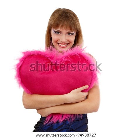 teen girl with valentine pink heart isolated on white background