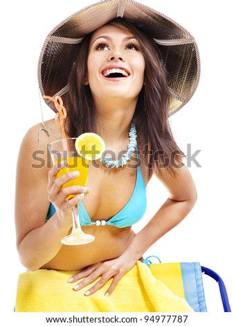 Girl in bikini drink juice through  straw. Isolated.