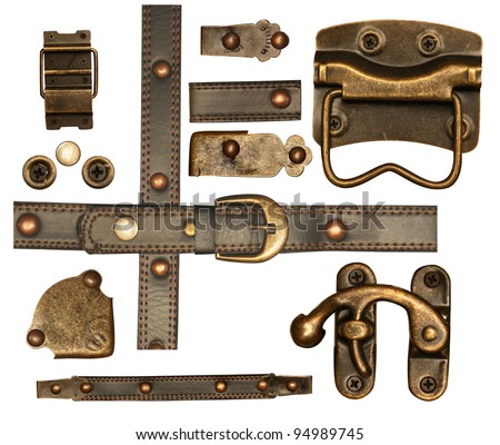 Collection of metal and leather elements for scrapbooking design. Isolated over white Royalty-Free Stock Photo #94989745