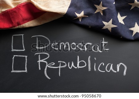 Democrat and Republican sign with vintage American flag