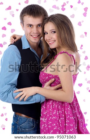 beautiful smiling couple on white background with hearts