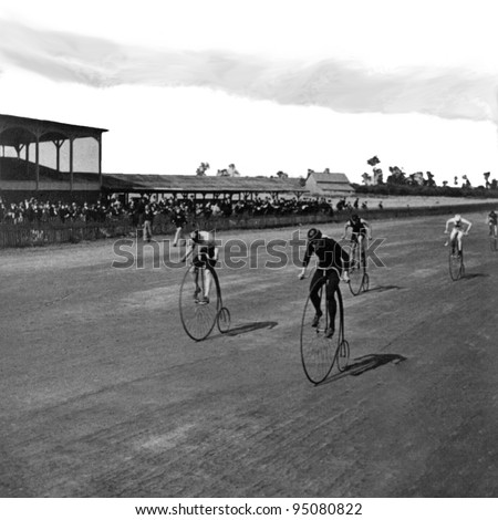Niagara Falls, NY, USA c 1890: Boneshaker bicycle racers at the finish line. Vintage Photo. Bicycle Race, vintage stadium with crowd black and white